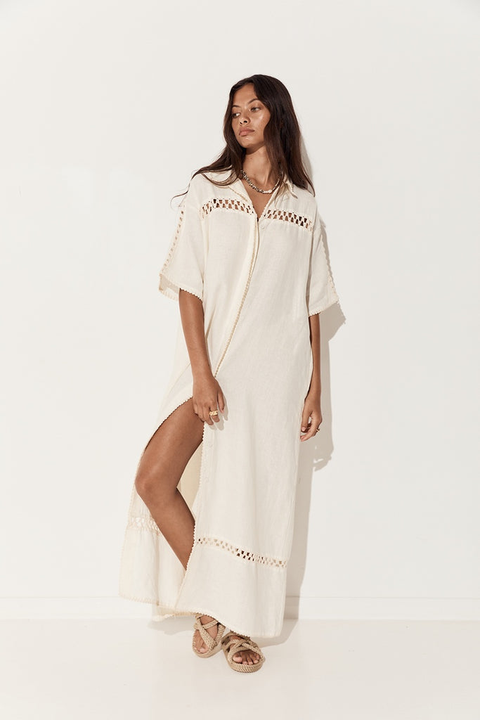 women's short sleeve maxi dress linen crochet cream