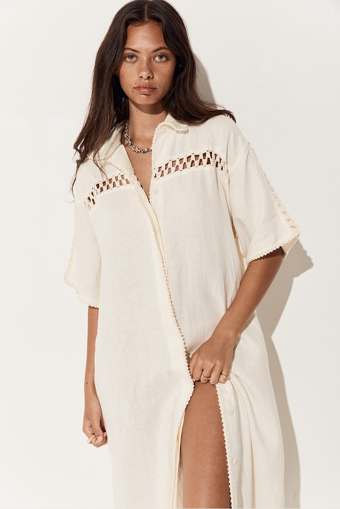 women's short sleeve maxi dress linen crochet cream