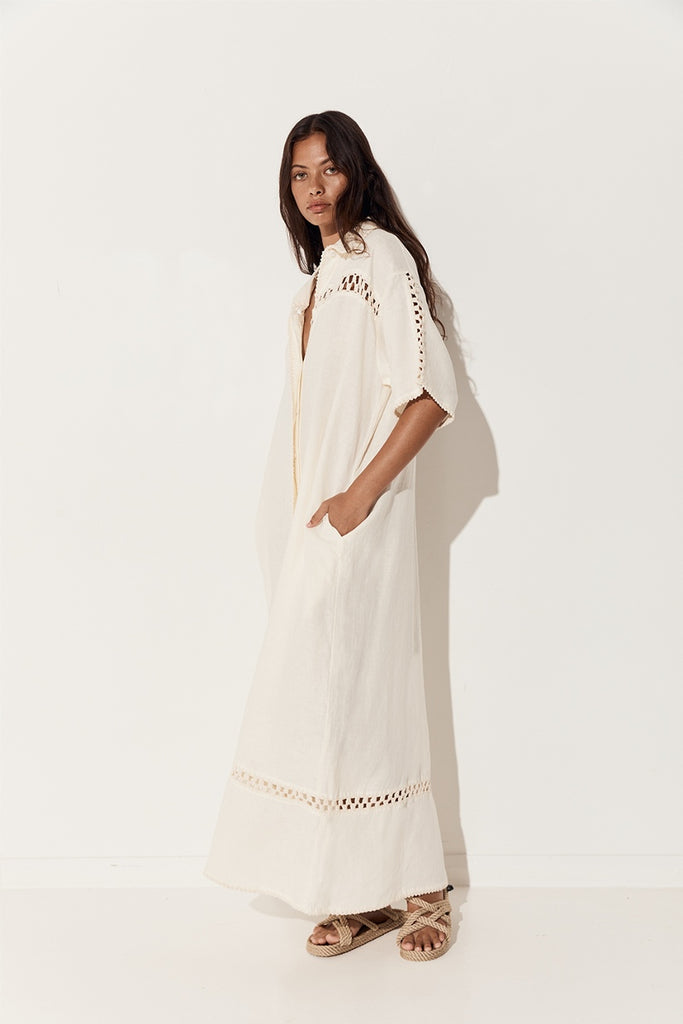 women's short sleeve maxi dress linen crochet cream