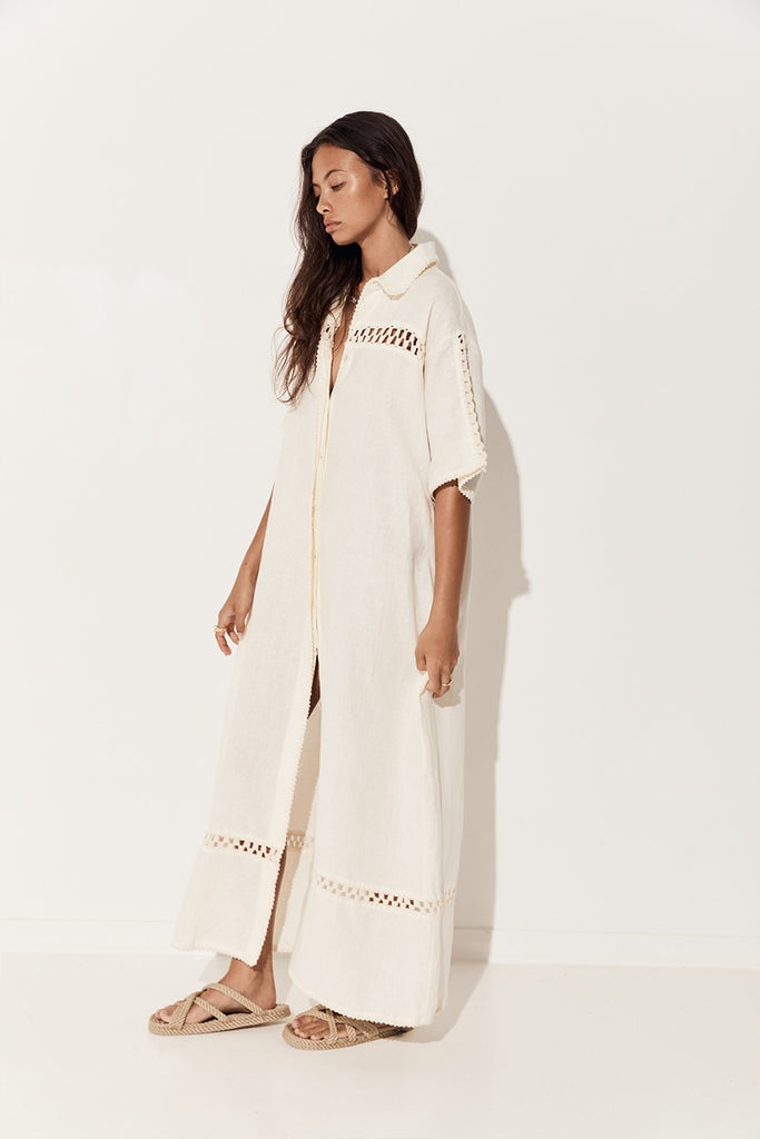 women's short sleeve maxi dress linen crochet cream