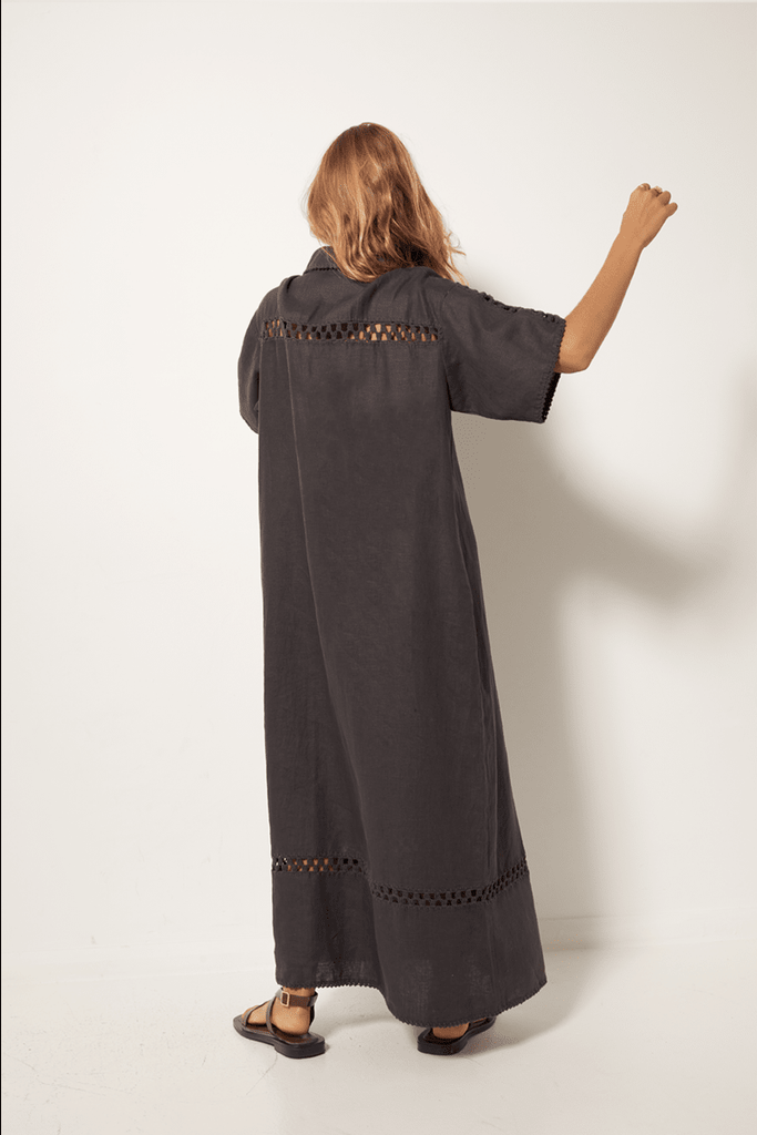 Womens Long Maxi Dress Linen crochet Charcoal Back View 