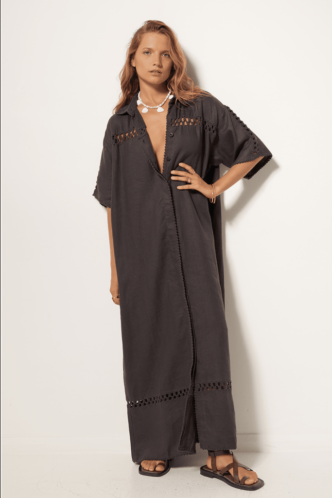Womens Long Maxi Dress Linen crochet Charcoal Front View 