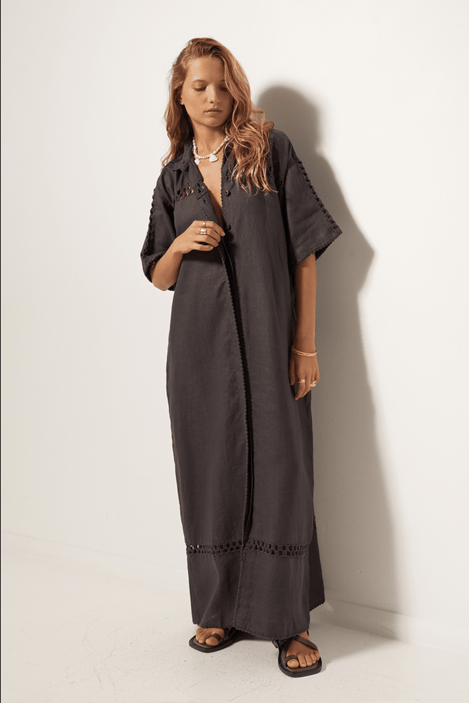 Womens Long Maxi Dress Linen crochet Charcoal Front View 