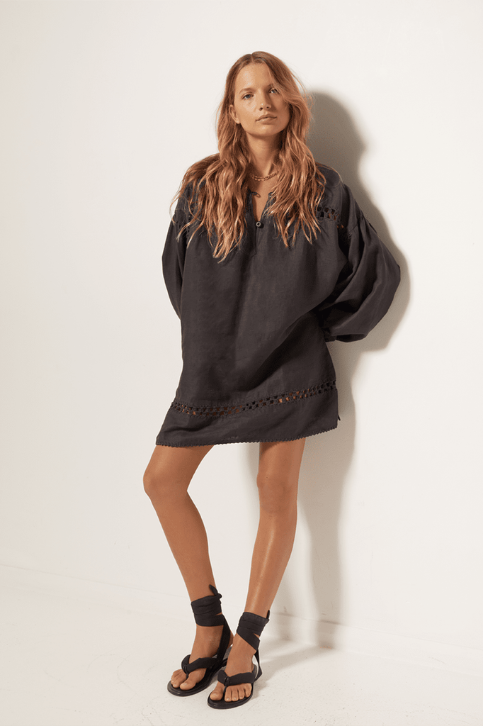 Womens Long Sleeve Mini dress Linen crochet Charcoal Front View