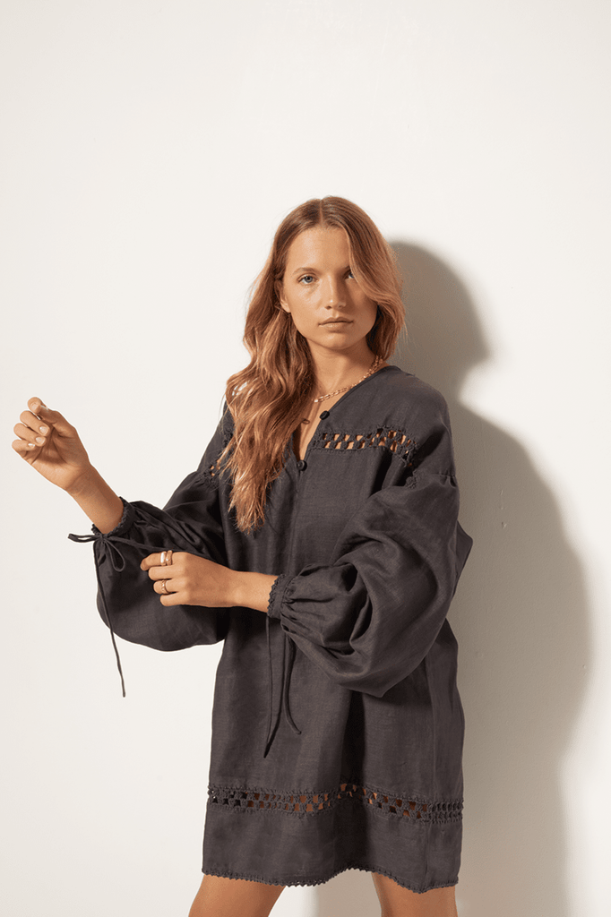 Womens Long Sleeve Mini dress Linen crochet Charcoal Front View