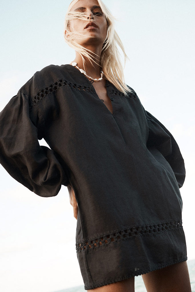 Womens Long Sleeve Mini dress Linen crochet Charcoal Front View