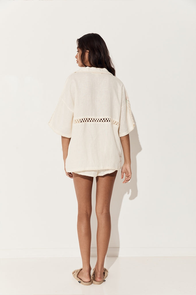 womens collared button up shirt crochet linen cream 