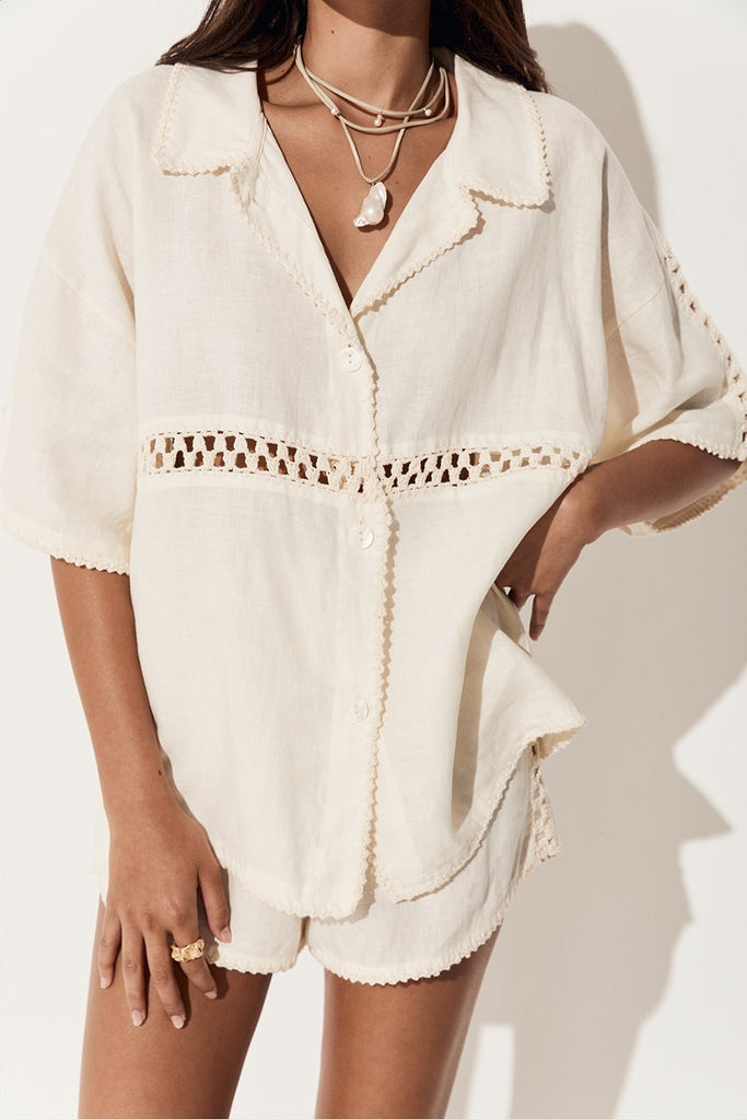 womens collared button up shirt crochet linen cream 