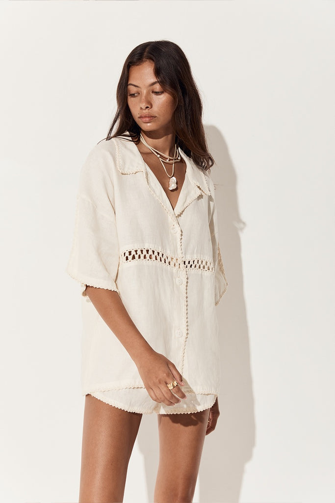womens collared button up shirt crochet linen cream 
