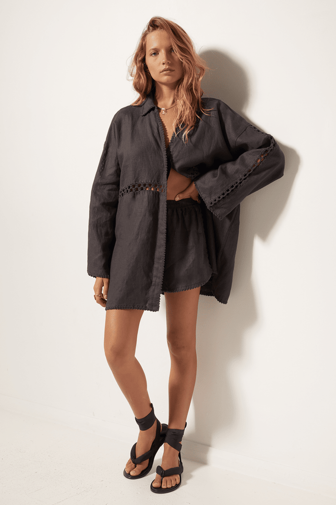 Womens Long Sleeve shirt Crochet linen Charcoal front view 