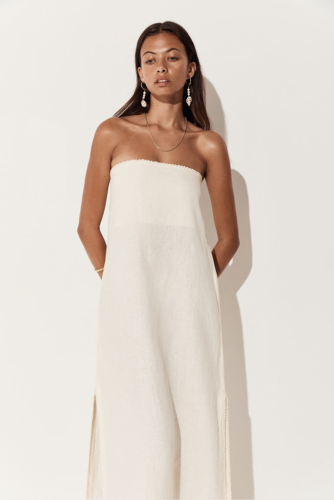 womens strapless maxi dress linen cream