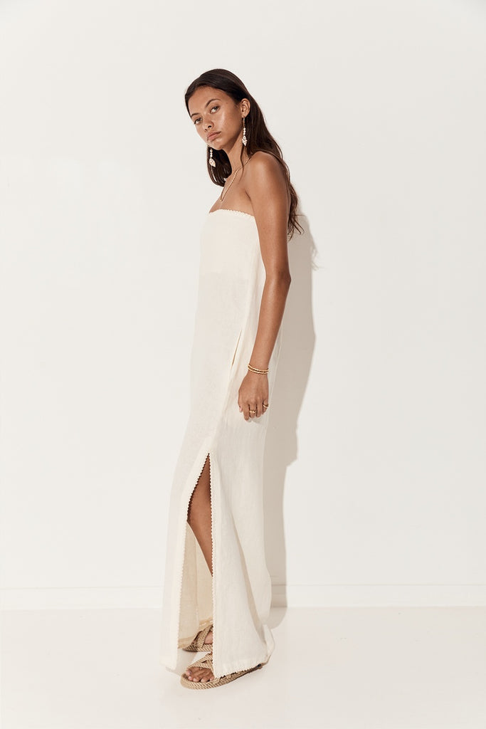 womens strapless maxi dress linen cream