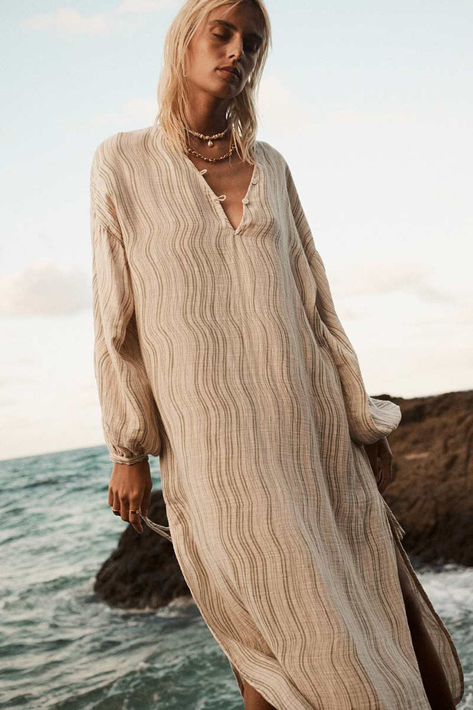 womens long sleeve maxi dress olive print front view 