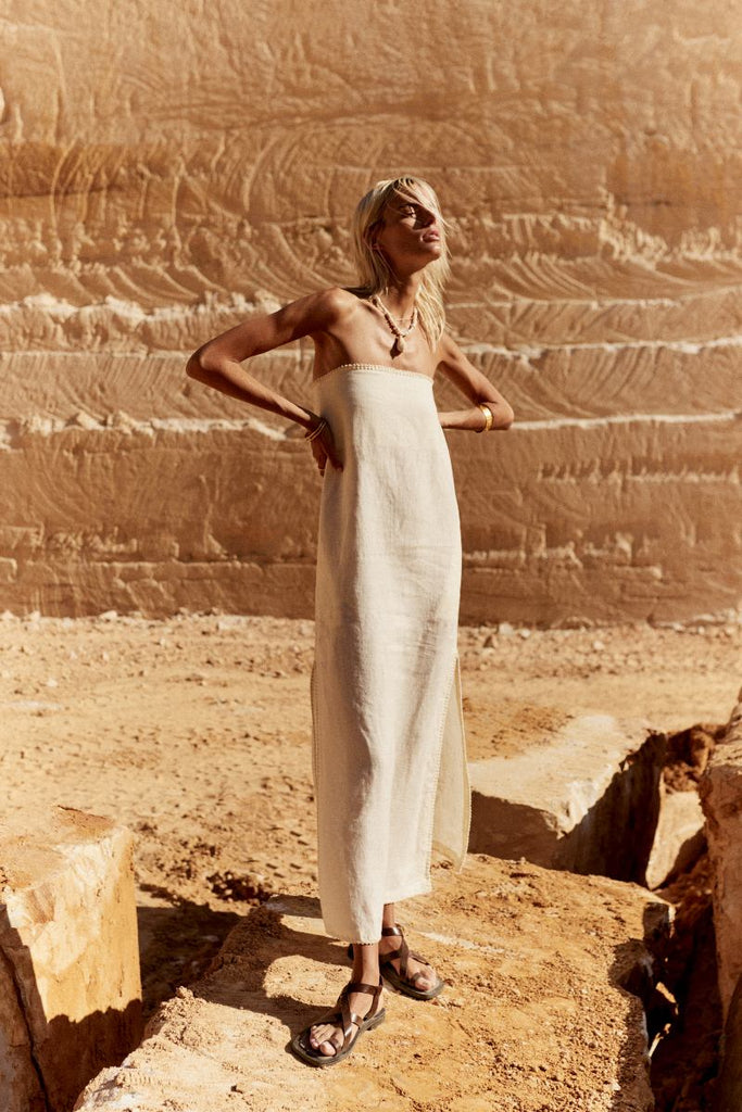 womens strapless maxi dress linen cream