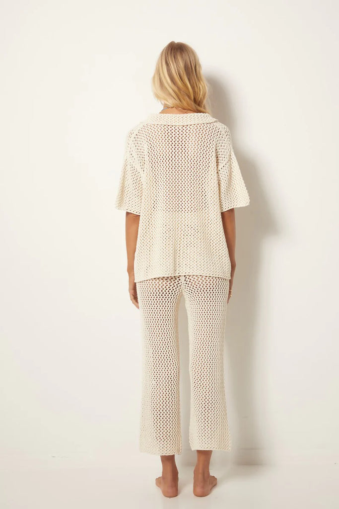 womens collared button shirt cotton crochet knit cream