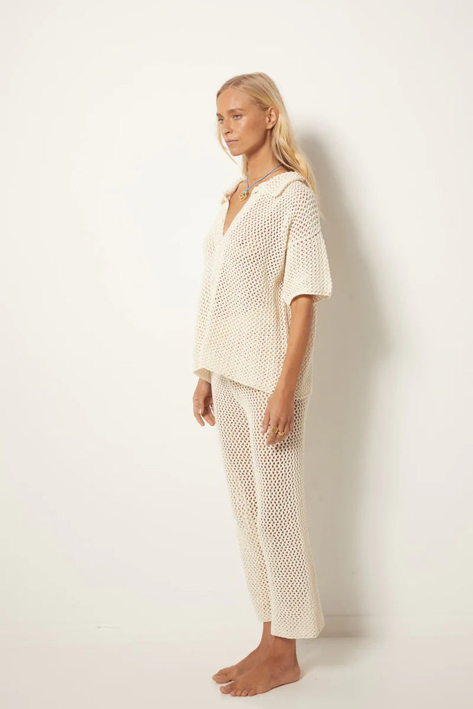 womens collared button shirt cotton crochet knit cream