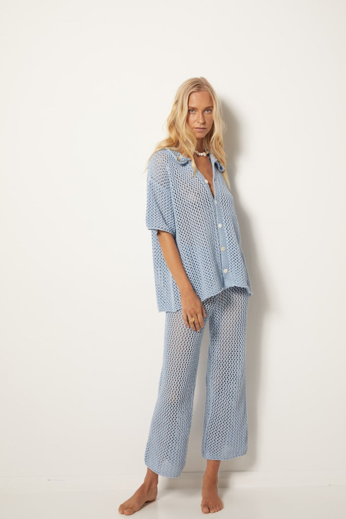 womens elasticated cotton knit pant sky blue