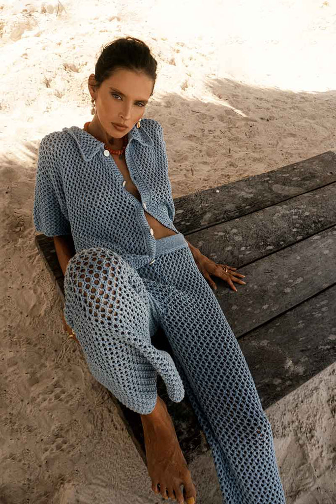 womens elasticated cotton knit pant sky blue