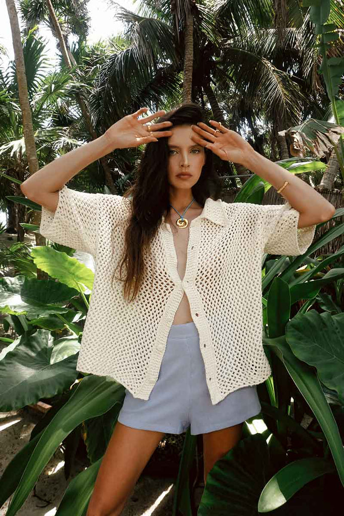 womens collared button shirt cotton crochet knit cream