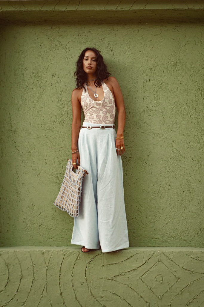 womens fixed waisted pant flare leg sky blue