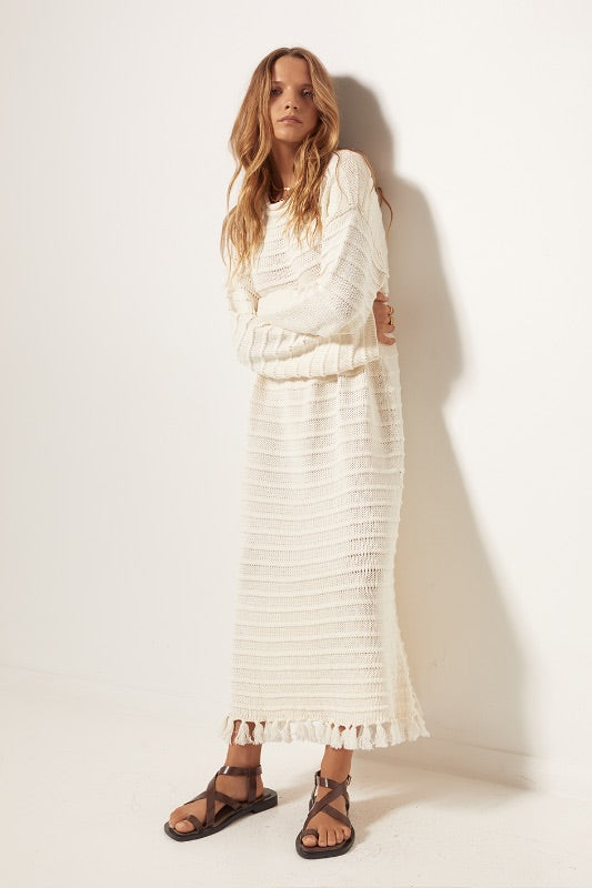 Womens Long Sleeve Maxi dress cream cotton knitting Front View