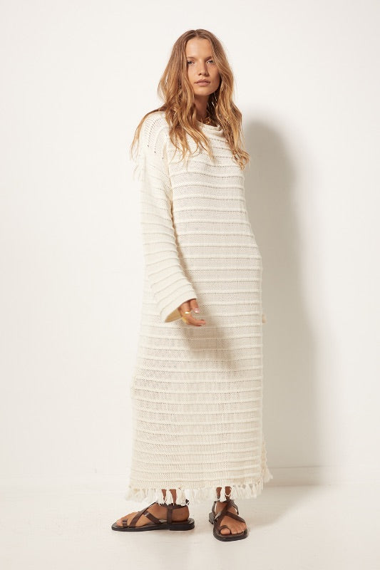 Womens Long Sleeve Maxi dress cream cotton knitting Front View
