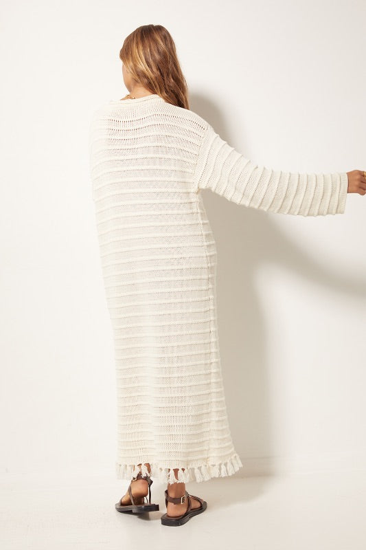 Womens Long Sleeve Maxi dress cream cotton knitting Back View