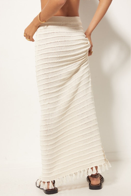 Womens Tassel Skirt Cotton knit cream Back View