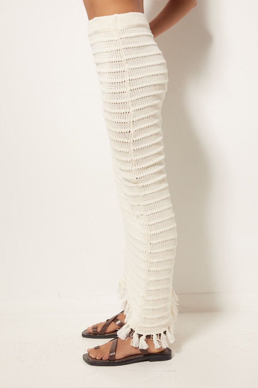 Womens Tassel Skirt Cotton knit cream Side View