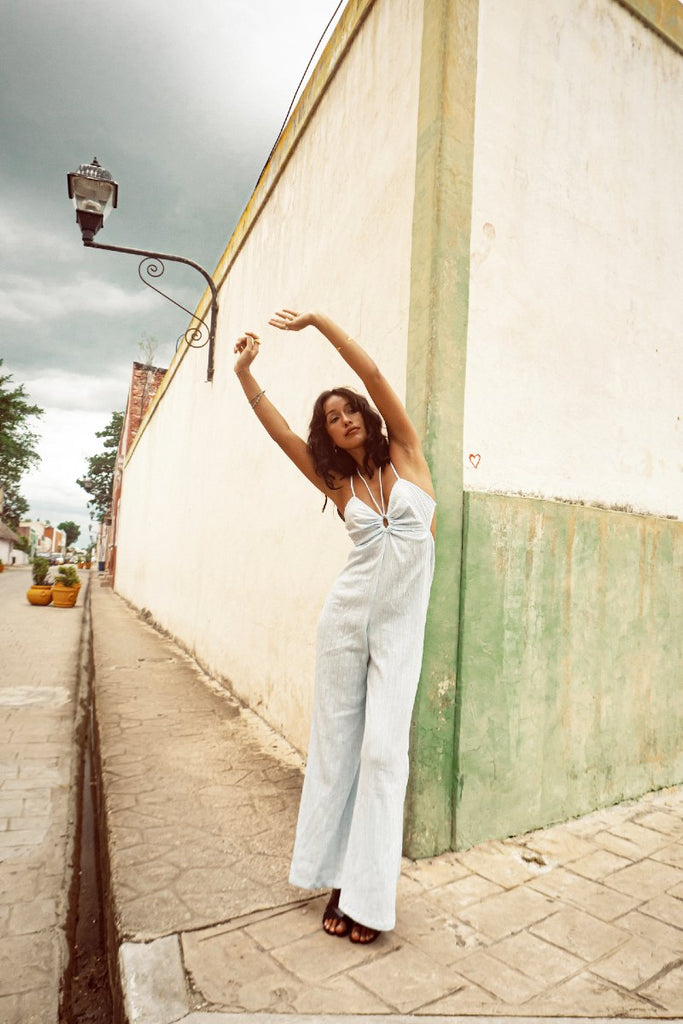 womens jumpsuit flare leg sky blue 